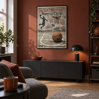 Graffiti Basketball Poster, framed on the wall of a compact basketball fan's games snug in a UK semi-detached house with a muted brick red wall and plain oak floor in a living room