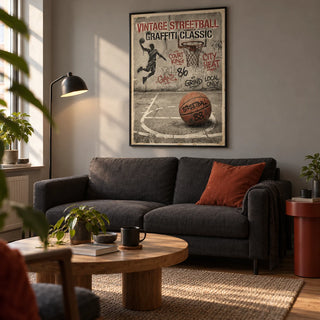 Graffiti Basketball Poster, framed on the wall of a compact modern living room in a basketball fan's first UK flat (22-28) with a warm grey wall
