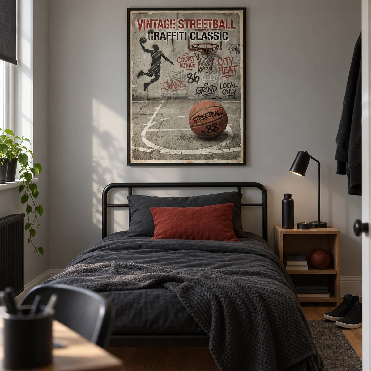 Graffiti Basketball Poster, framed on the wall of a modern basketball-loving teenager's single bedroom (13-17) in a UK terraced home with a pale grey wall and oak floor