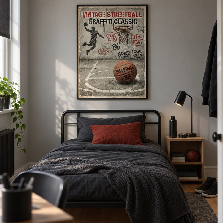 Graffiti Basketball Poster, framed on the wall of a modern basketball-loving teenager's single bedroom (13-17) in a UK terraced home with a pale grey wall and oak floor