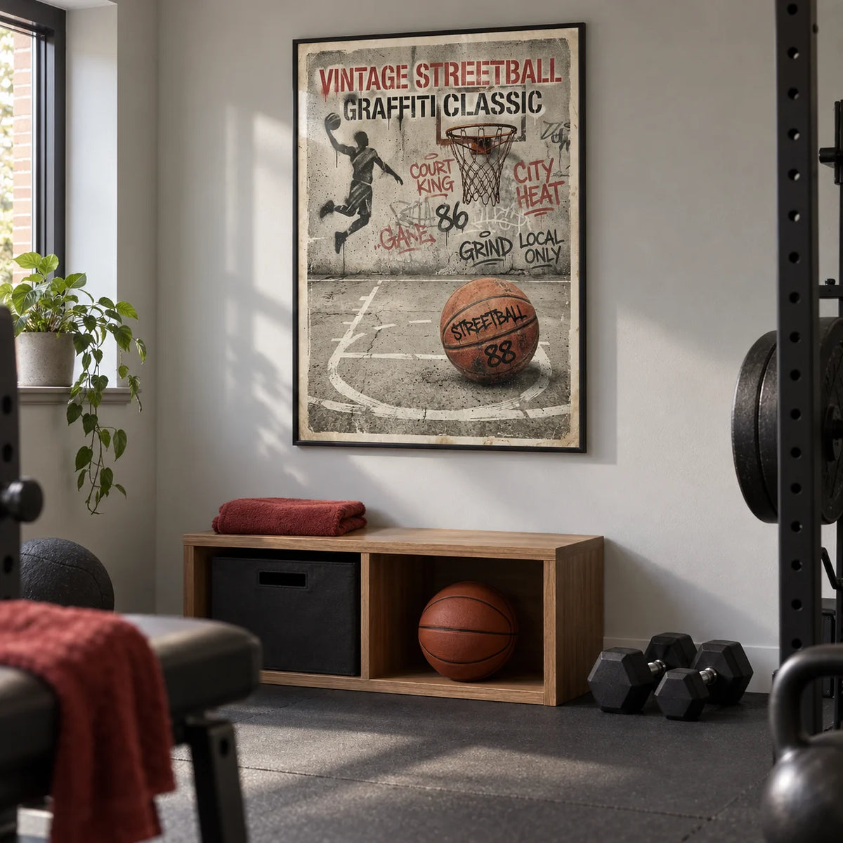 Graffiti Basketball Poster, framed on the wall of a modest garage-conversion home gym in a UK house with smooth pale grey walls and plain black rubber flooring