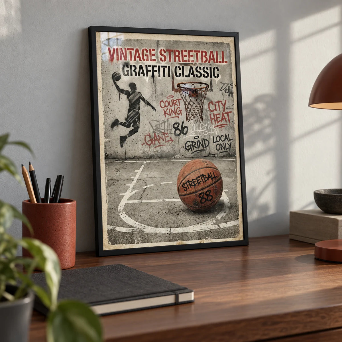 Graffiti Basketball Poster, a small A4 framed print leaning on a walnut desk