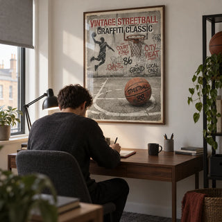 Graffiti Basketball Poster, framed on the wall of a small home study for a young adult basketball fan (22-30) in a UK flat with an off-white wall