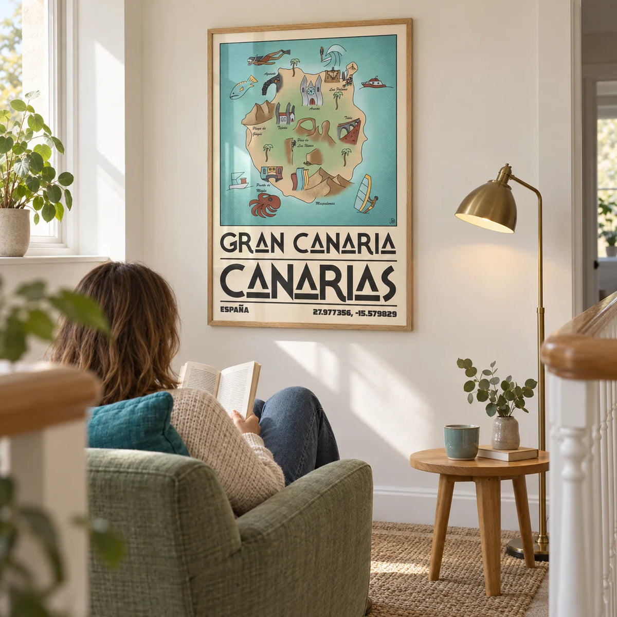 Gran Canaria Art Print, framed on the wall of a bright reading corner on a spacious landing in a UK home with a warm white wall in a living room