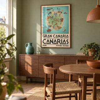 Gran Canaria Art Print, framed on the wall of a characterful dining room in a UK flat with a muted sage green wall and warm timber flooring