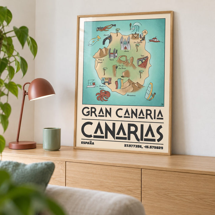 Gran Canaria Art Print shown in a living room, leaning on an oak console (frame not included)