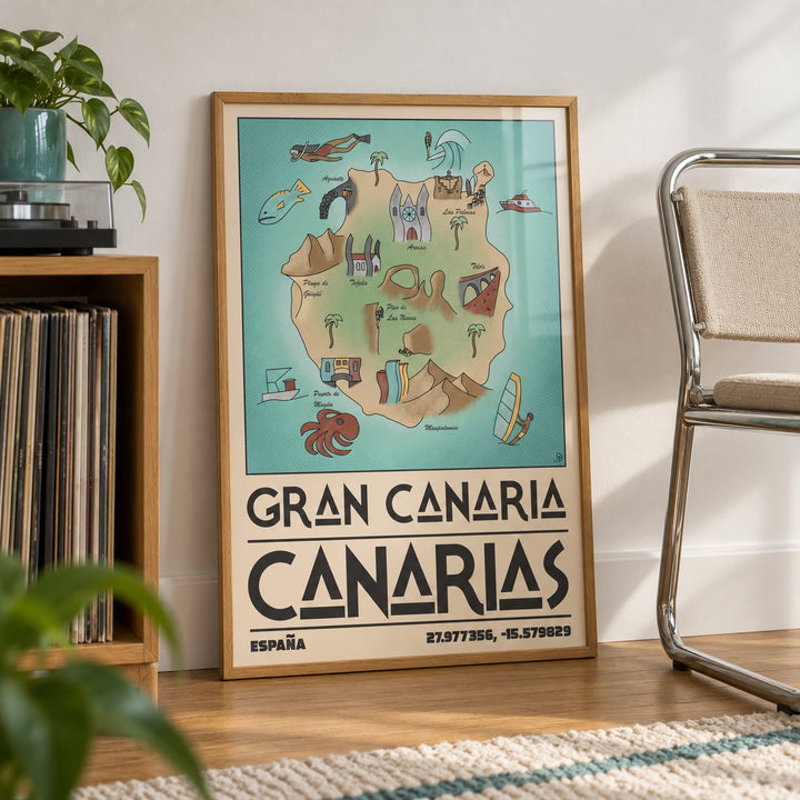 Gran Canaria Art Print shown in a living room, leaning on the floor by a chrome chair (frame not included)