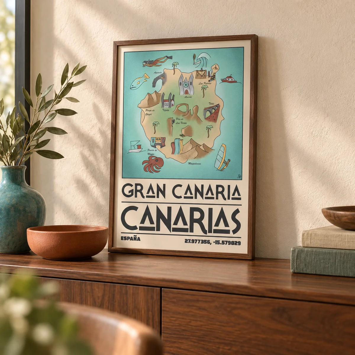 Gran Canaria Art Print, a small A4 framed print leaning on a walnut sideboard in a living room