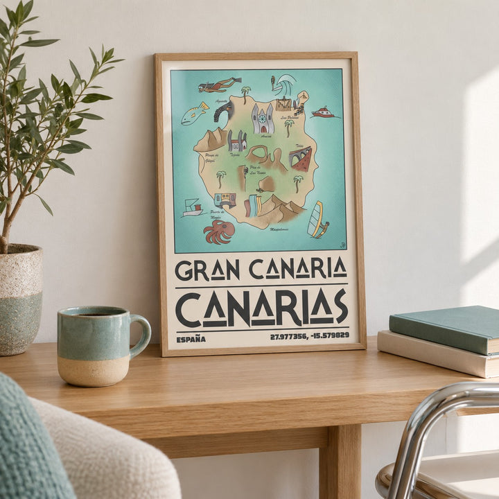 Gran Canaria Art Print shown in the small A4 size on a side table (frame not included)