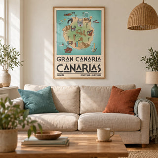 Gran Canaria Art Print, framed on the wall of a warm coastal living room in a UK terraced house with cream plaster walls and honey-toned floorboards