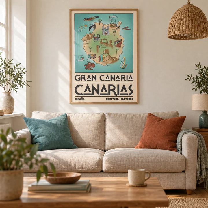 Gran Canaria Art Print, framed on the wall of a warm coastal living room in a UK terraced house with cream plaster walls and honey-toned floorboards