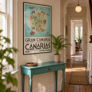 Gran Canaria Art Print, framed on the wall of a welcoming hallway in a Victorian UK terrace with pale sand walls and original wood floorboards