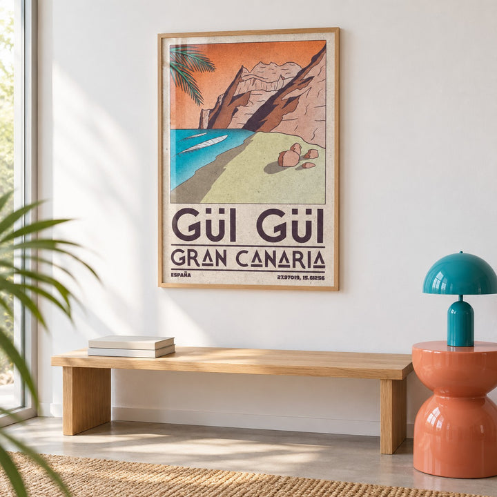 Gran Canaria Beach Art Print shown in a colourful minimalist room (frame not included)