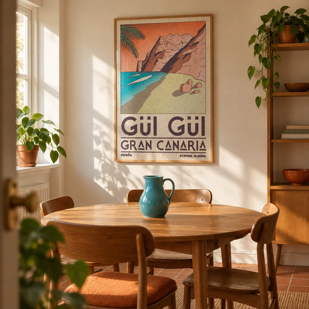 Gran Canaria Beach Art Print, framed on the wall of a compact mid-century dining room in a UK maisonette with warm cream walls and a terracotta floor