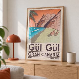 Gran Canaria Beach Art Print shown in a living room, leaning on an oak console (frame not included)