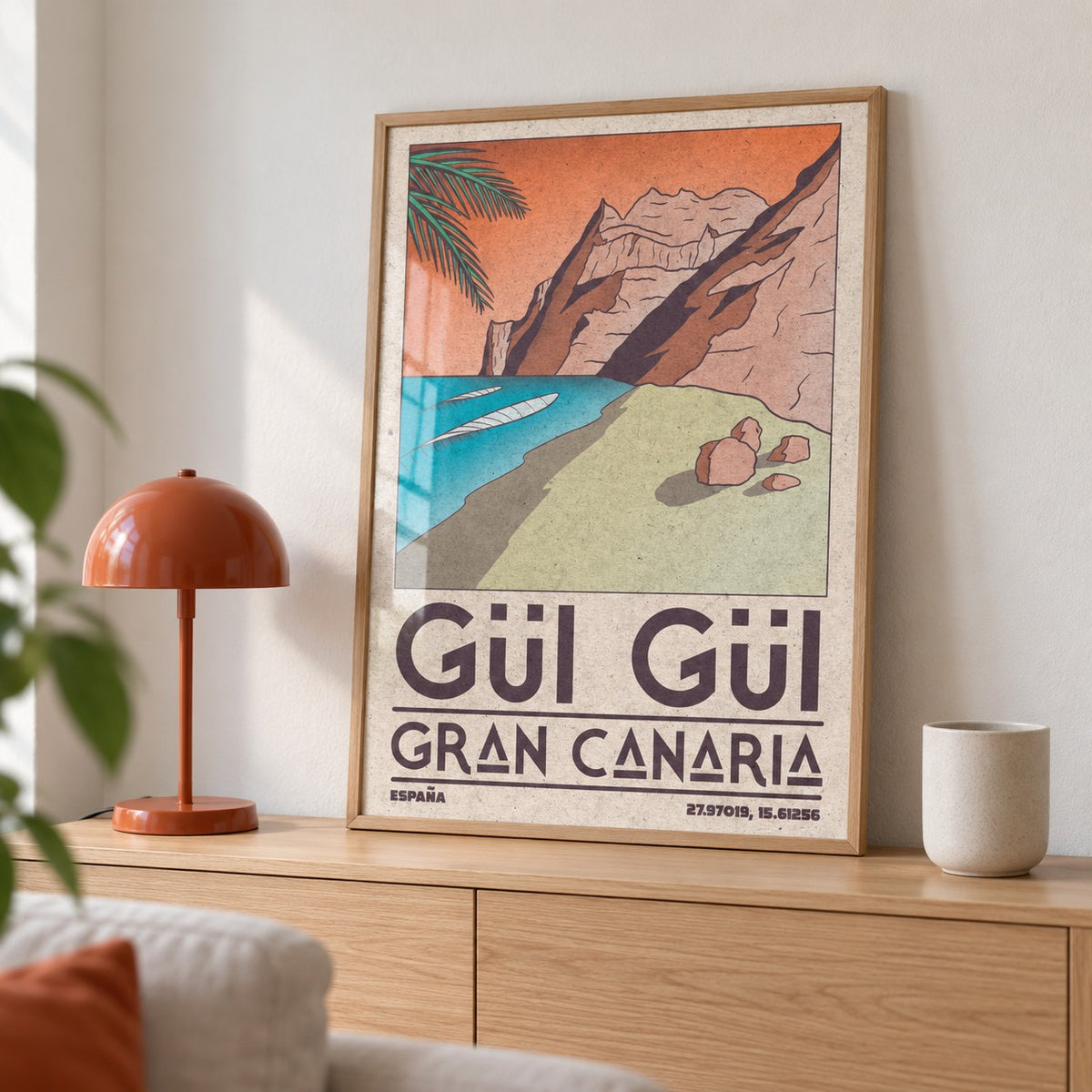 Gran Canaria Beach Art Print shown in a living room, leaning on an oak console (frame not included)