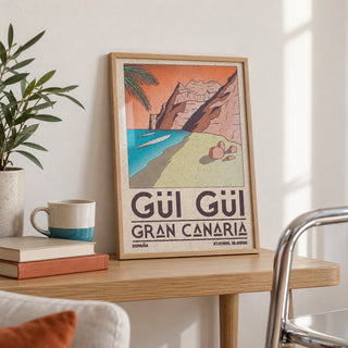 Gran Canaria Beach Art Print shown in the small A4 size on a side table (frame not included)