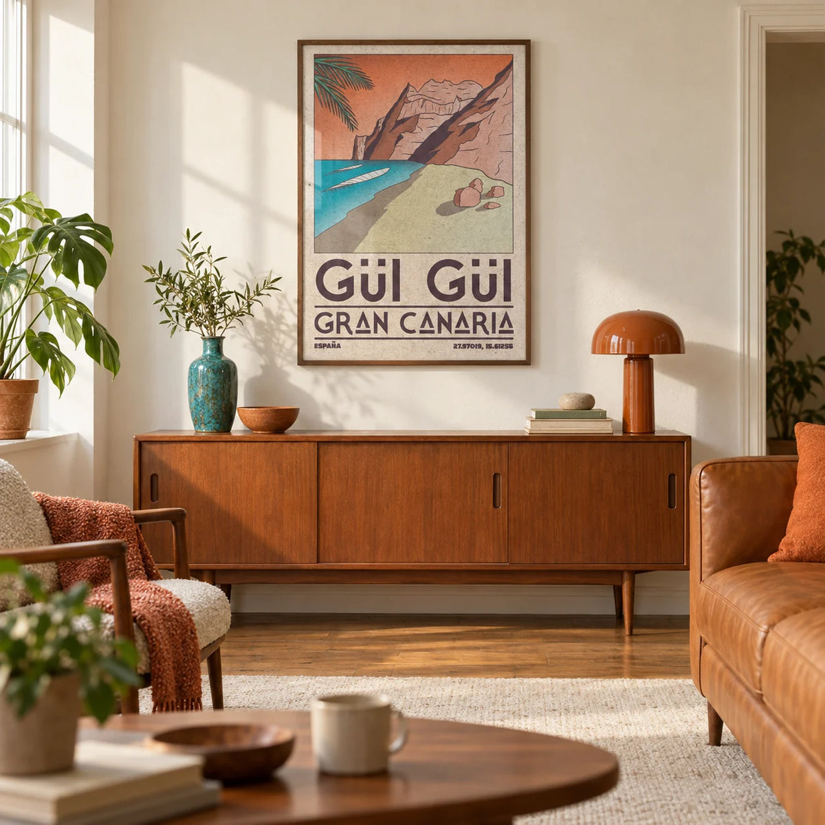 Gran Canaria Beach Art Print, framed on the wall of a warm mid-century living room in a UK terrace with cream plaster walls and a honey-toned wood floor