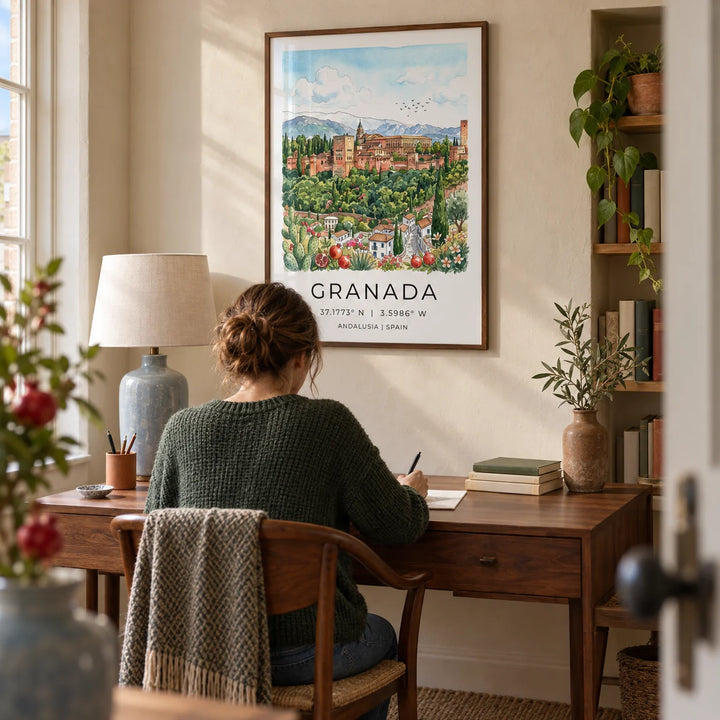 Granada Spain Art Print, framed on the wall of a quiet home study in a UK terrace with pale warm plaster walls and a small recessed bookcase