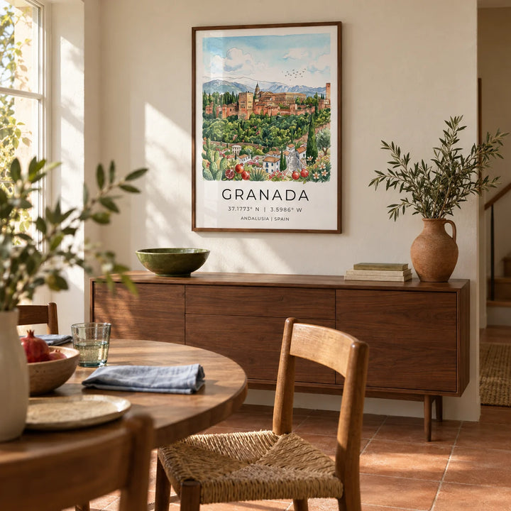 Granada Spain Art Print, framed on the wall of a relaxed dining room in a renovated UK townhouse with warm white plaster walls and plain terracotta floor tiles