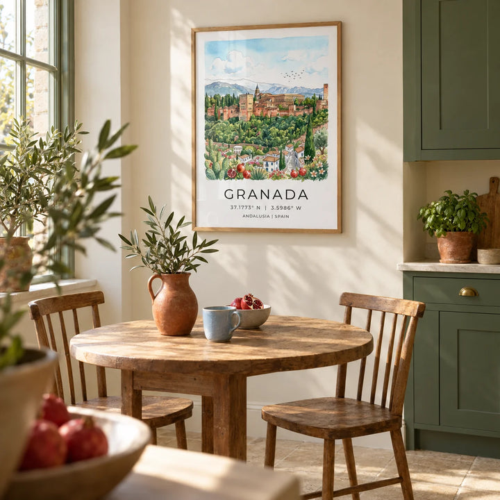 Granada Spain Art Print, framed on the wall of a sunny breakfast corner in a characterful UK kitchen with soft cream walls
