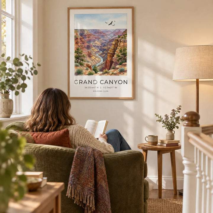Grand Canyon Art Print, framed on the wall of a quiet reading corner on a spacious landing in a UK home with a warm white wall in a living room