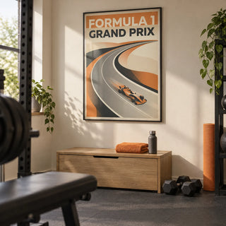Grand Prix Art Print, framed on the wall of a modest home gym in a converted UK spare room