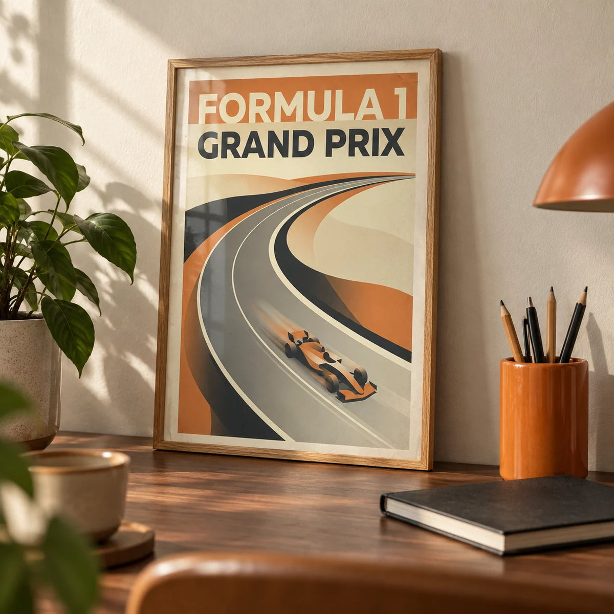Grand Prix Art Print, a small A4 framed print leaning on a walnut desk