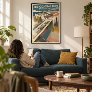 Grand Prix Race Poster, framed on the wall of a compact design-led living room in a first UK flat (22-28) with warm white walls and a low walnut coffee table
