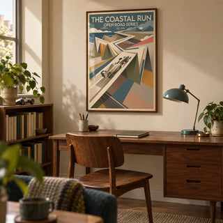Grand Prix Race Poster, framed on the wall of a mid-century home study in a UK flat with a pale sand wall and walnut furniture