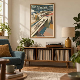 Grand Prix Race Poster, framed on the wall of a small mid-century music snug in a UK maisonette with a pale sand wall and cork flooring in a living room