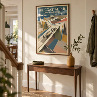 Grand Prix Race Poster, framed on the wall of a warm modern hallway in a UK semi-detached home with a cream plaster wall and oak floor