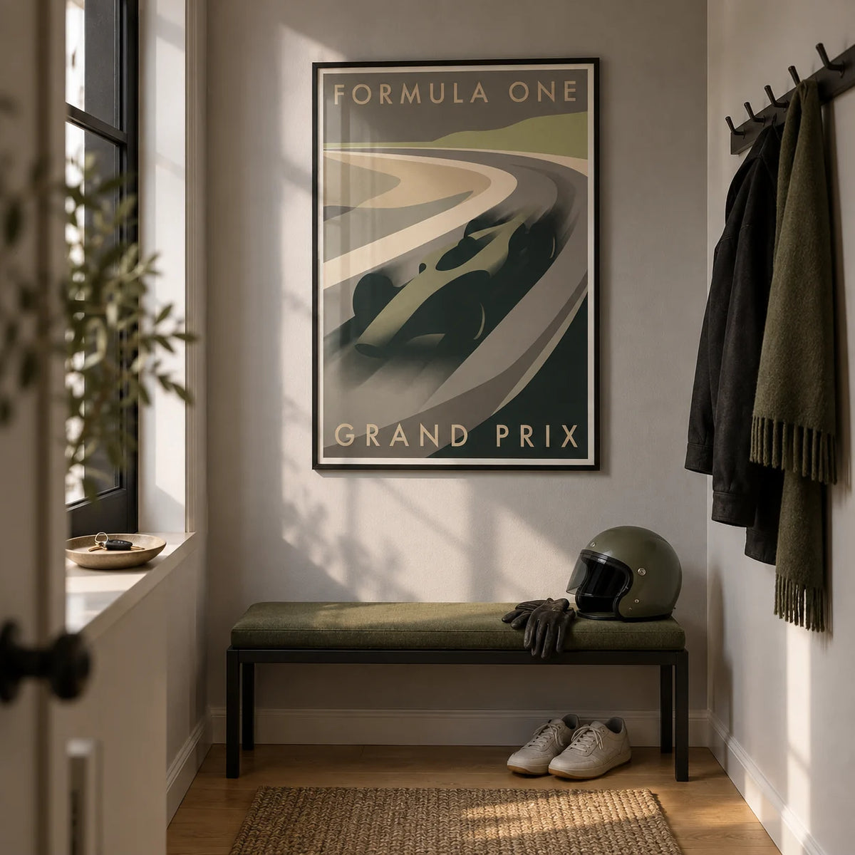 Grand Prix Racing Print, framed on the wall of a narrow entrance hallway in a young motorsport enthusiast's UK flat with a pale grey wall and warm oak flooring