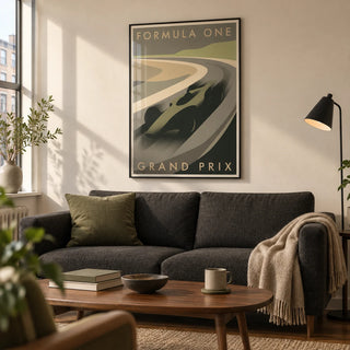 Grand Prix Racing Print, framed on the wall of a retro modern living room in a UK city flat with a warm off-white wall and a low walnut coffee table