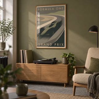 Grand Prix Racing Print, framed on the wall of a small music snug in a UK terraced house with a muted olive wall and grey carpet in a living room