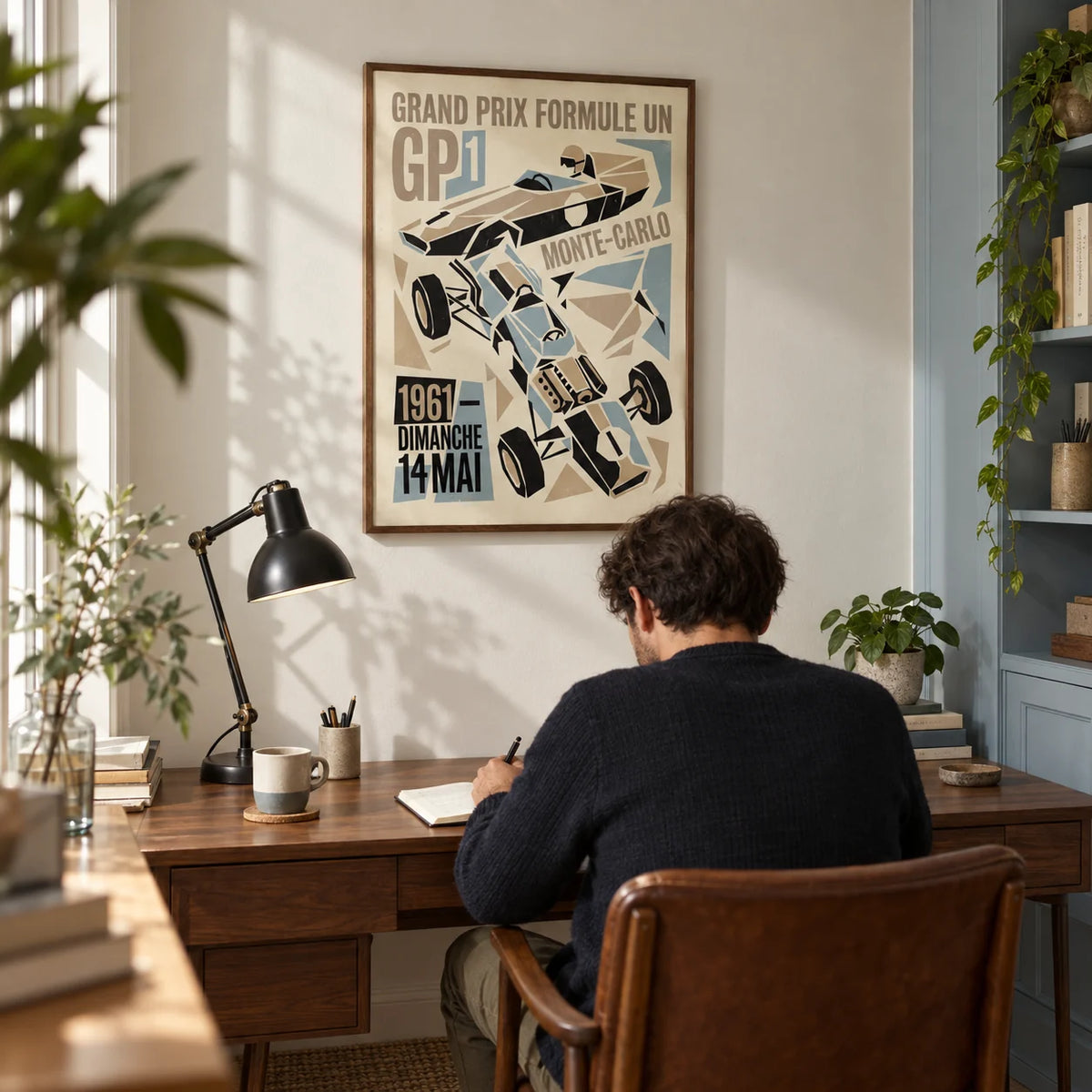 Grand Prix Typography Art Print, framed on the wall of a compact home study in a UK terrace with an off-white wall and a pale blue fitted cupboard