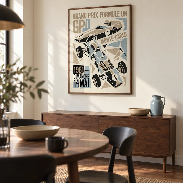 Grand Prix Typography Art Print, framed on the wall of a modern dining nook in a first flat for a racing enthusiast aged 22-30 with a cream wall and walnut flooring
