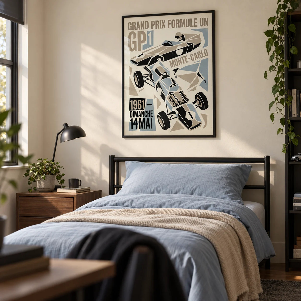 Grand Prix Typography Art Print, framed on the wall of a modern single bedroom for a motorsport fan aged 16-19 with a warm cream wall