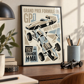 Grand Prix Typography Art Print, a small A4 framed print leaning on a walnut desk