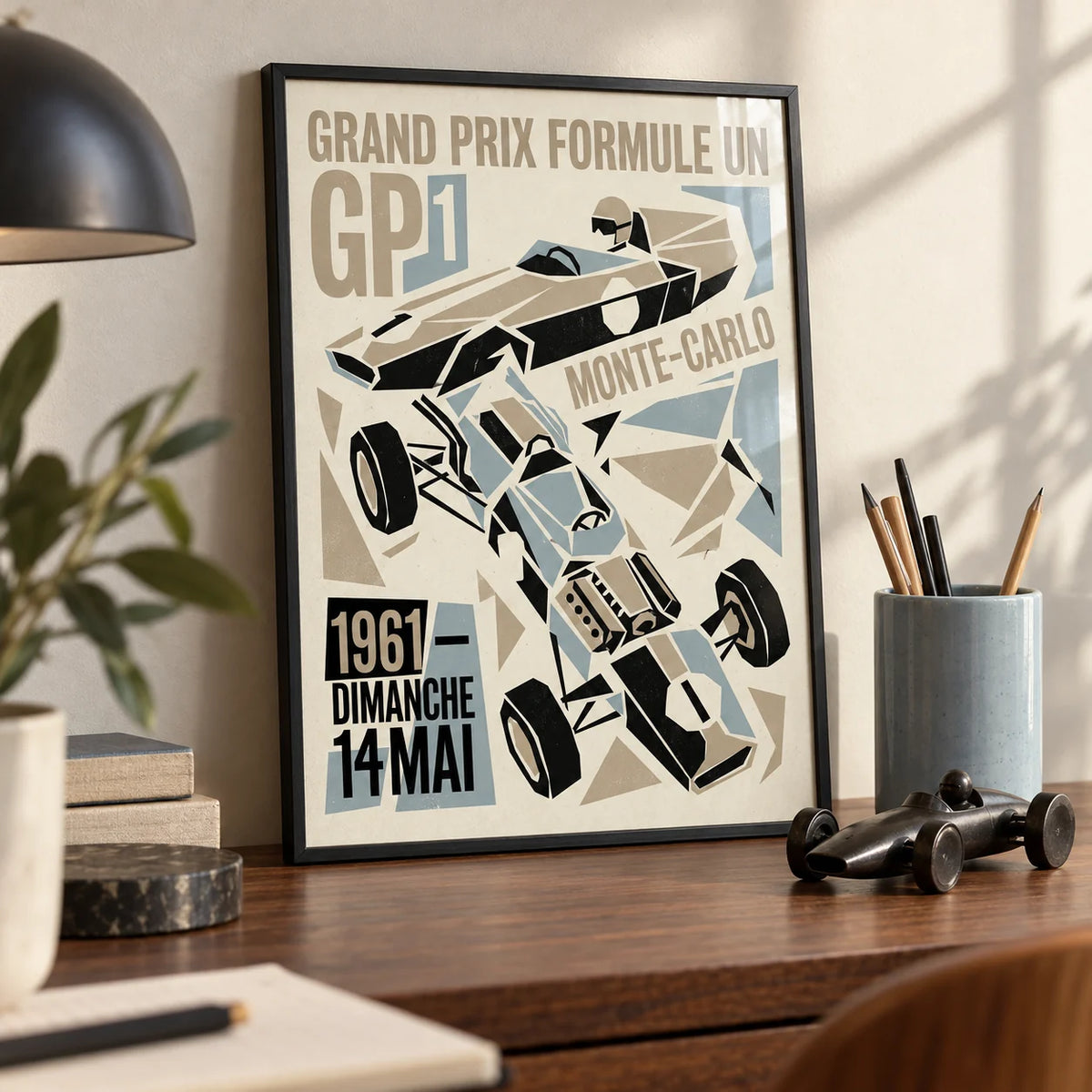 Grand Prix Typography Art Print, a small A4 framed print leaning on a walnut desk