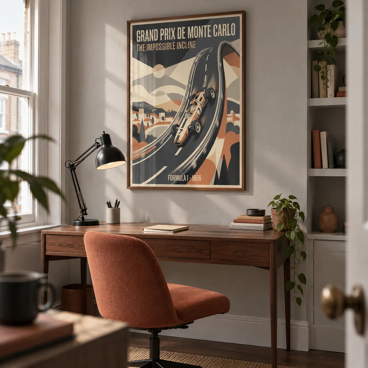 Grand Prix Wall Art, framed on the wall of a compact home study for a motorsport enthusiast (22-35) in a British terrace with a pale grey wall