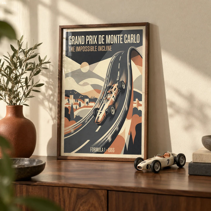 Grand Prix Wall Art, a small A4 framed print leaning on a walnut sideboard in a living room