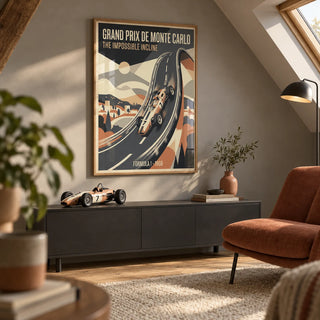 Grand Prix Wall Art, framed on the wall of a small attic hobby snug in a UK semi-detached home with a sloping ceiling in a living room