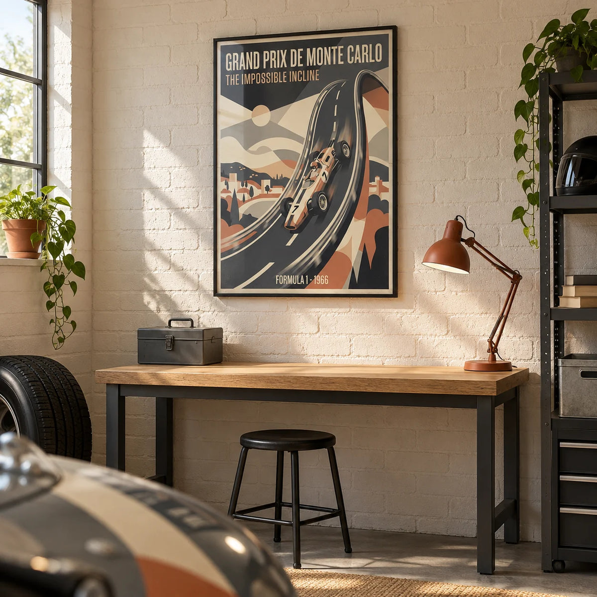 Grand Prix Wall Art, framed on the wall of a tidy converted garage hobby room for a young adult racing enthusiast (20-35)