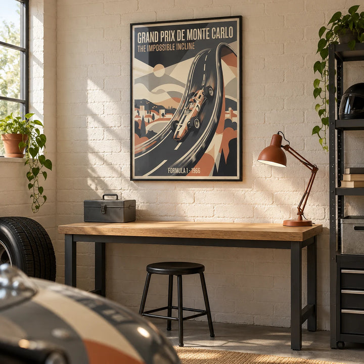 Grand Prix Wall Art, framed on the wall of a tidy converted garage hobby room for a young adult racing enthusiast (20-35)