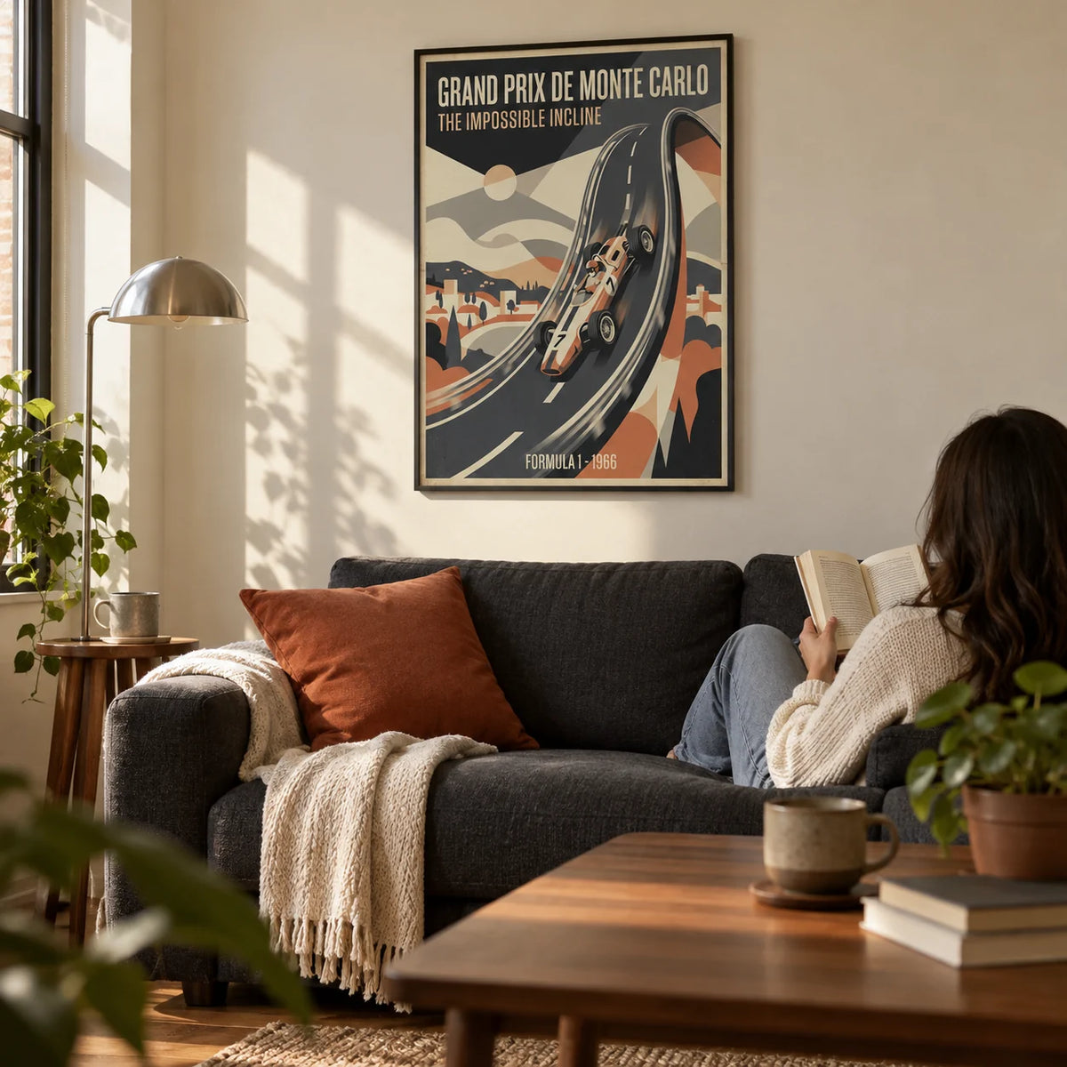 Grand Prix Wall Art, framed on the wall of a warm retro living room in a young adult's first flat (22-28) with a cream wall and walnut floor