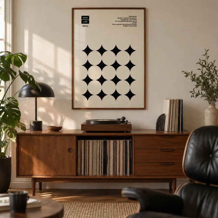 Graphic Art Poster, framed on the wall of a mid-century music room in a living room
