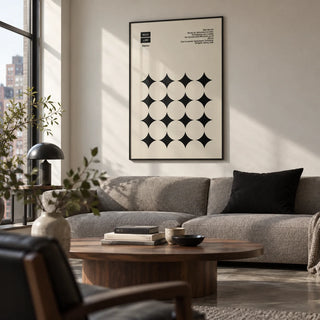 Graphic Art Poster, framed on the wall of a modern city apartment living room