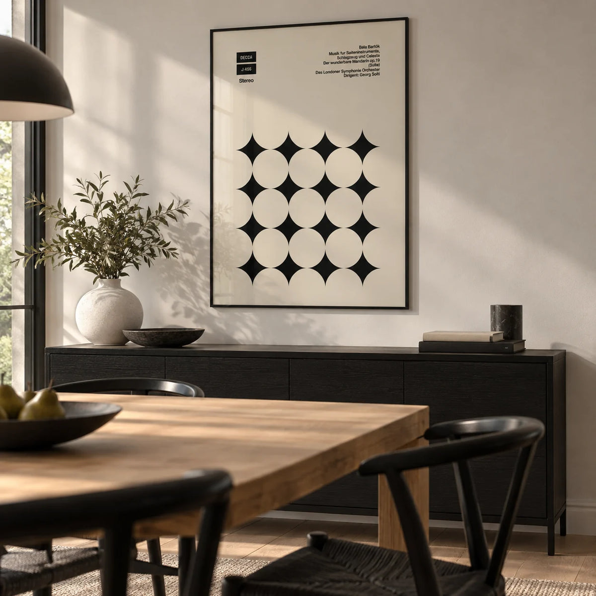 Graphic Art Poster, framed on the wall of a modern dining room