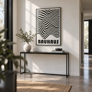 Graphic Art Print, framed on the wall of a crisp hallway with a white wall and a polished concrete floor
